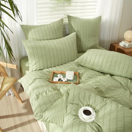YASMENG Seersucker Bettwäsche 200x220 Grün Gestreift Bettwäsche Seersucker Modern Bettwäsche 3 Teilig Weich Atmungsaktiv Mikrofaser Bettbezug Set mit Reißverschluss und 2 Kissenbezüge 80x80 cm