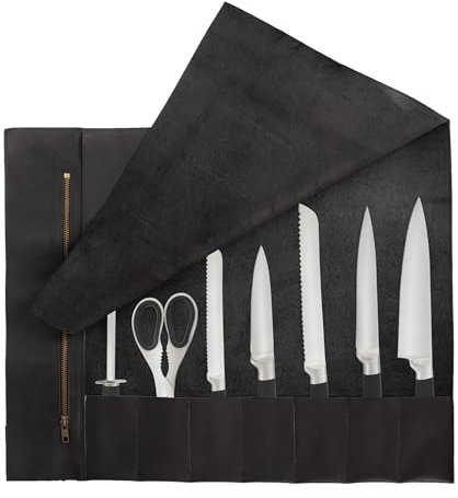 Full Grain Handmad Black Leather Knife Storage Roll, Tool Holder, Leather Knife Roll Bag,Handcrafted Chef Birthday Gift, Chef Case Knife Storage Roll(7 Pockets)