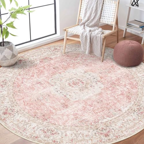 Castage Rosafarbener runder Teppich, 1,8 m, großer Kreis, für Schlafzimmer, Wohnzimmer, waschbar, Boho, Vintage, Bohemian-Stil, orientalisches Blumenmuster, rutschfest, Rouge