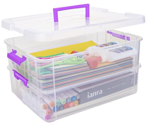 Creahaus 2 Layer Plastic Storage Containers with Lids, Multipurpose Clear Stack & Carry Box, Portable Craft Organizers and Storage Bin for Organizing Art Craft, Sewing, Building Blocks, Nail Supplies