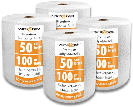 versando 4x Premium Luftpolsterfolie extra stark 100m x 0,5m Versand, | Verpackung, Umzug Noppenfolie Bubble Wrap LPF Rolle