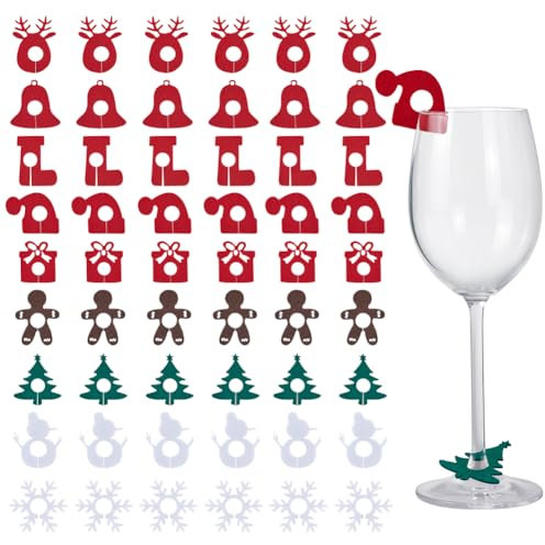 SUNNYCLUE 54Pcs 9 Styles Christmas Drink Tags Felt Wine Glass Markers Red Green Xmas Tree Socks Snowman Identifiers Tag Marker Bulk for Stem Glasses Wine Tasting Gathering Gift Party Decor Supplies