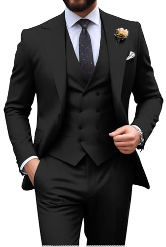 Mens Suit Slim Fit 3 Piece Double Breasted Suit Men Formal Tuxedo Set Casual Wedding Prom Groom Suits, Black, L