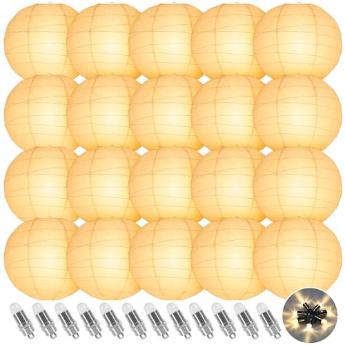 Encham Weiß Papierlaternen 25CM 20 Stück mit Warmweiß Ballonlichter für Feiertagen Hochzeiten Halloween Weihnachten Party Geburtstage Gartenparty Babyparty Deko Innen und Außen Party deko