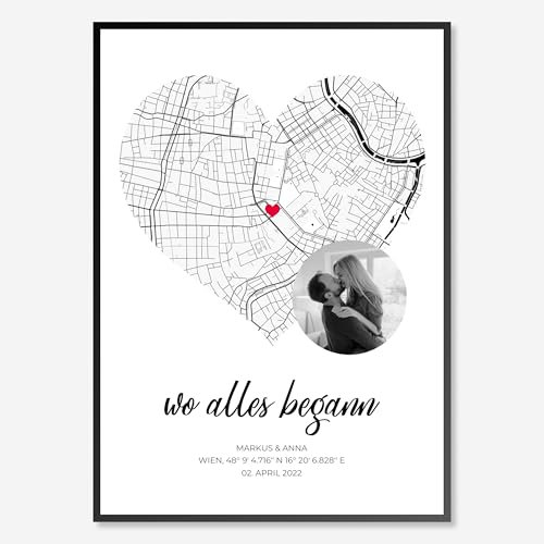 Print My Places Wo alles begann Poster mit Foto & Koordinaten - Personalisiertes Premium Wandbild mit Rahmen | Geschenk zum Jahrestag oder Hochzeitstag | Partner Geschenk für Sie & Ihn