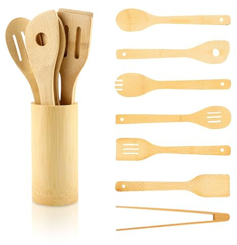 KiKiHong 7 Ustensiles de Cuisine Boise De Bambou,Ustensiles de Cuisine en Bois,Spatule en Bois,Spatules de Cuisine, Environnemental,Accessoires de Cuisine Set
