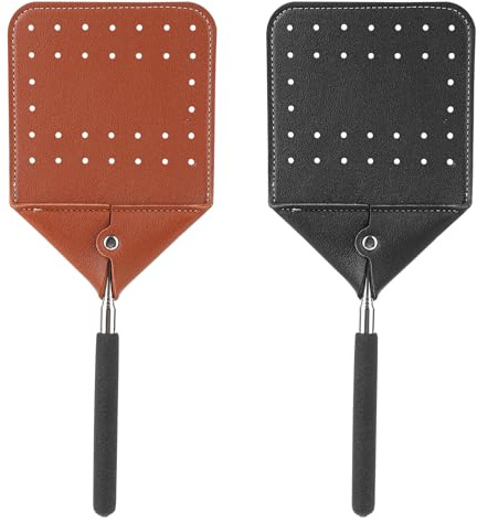 2stk Teleskop-Fliegenklatschen Leder, Robuste Teleskop Fliegenklatsche mit Langem Griff Afliegenklatsche Ausziehbar Schlagen von Mücken Fliegen im Innen- und Außenbereich(Schwarz, Braun)