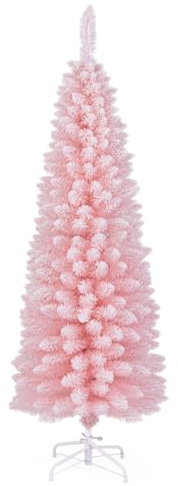 GYMAX 150 cm Albero di Natale Slim Rosa, 328 Rami in PVC, Folto e Realistico, Base Pieghevole in Metallo, Montaggio Facile (Stile 2)