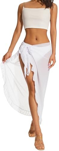Dam baddräkt omlottkjol volang chiffong strand lång sarong täckande ups bikini wrap maxikjol sommar strandkläder, A-vit, en storlek