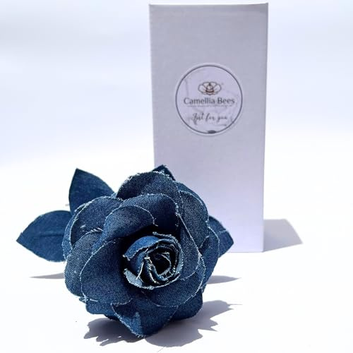 Camellia Bees Baumwollrose, handgefertigte Baumwoll-Denim-Rose Geschenk für Frau, Ehemann, Paar, 2. 2 Jahre Jubiläum Baumwollblumengeschenk (Blau)