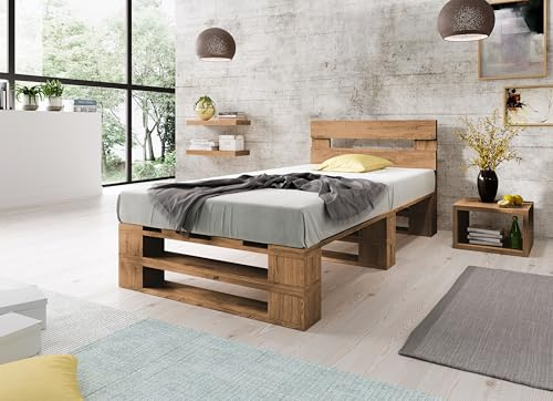 Lermowood Palettenbett M2 aus Holz 120 x 200 cm Eiche mit Kopfteil Holzbett 40cm Stabiles Seniorenbett Kinderbett Jugendbett Gästebett erhöhtes Einzelbett Bettgestell Futonbett Komforthöhe Naturholz