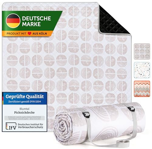 Blumtal Premium Picknickdecke wasserabweisend 200x200 cm Boho & Terrazzo Design - waschbare Stranddecke sandfrei + weiche Zwischenfüllung - Outdoor Decke aus Oxford-Gewebe - Camping Decke Boho Kreise