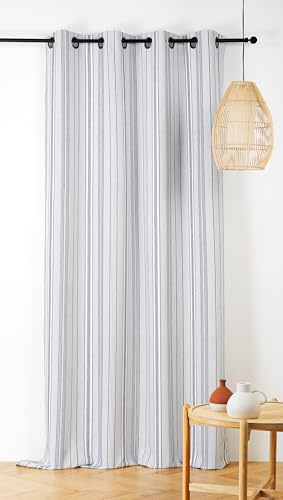 LINDER Rideau Outdoor à Rayures - tissé et Teint en France - Finition Oeillets Canon de Fusil antioxydant - Coloris Bleu Méditerrannée - Dimensions 140x265cm - 100% Polypropylène - Collection Plage