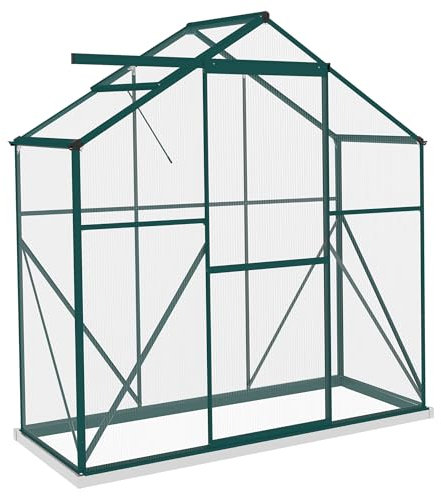 Outsunny 6 x 2.5ft Polycarbonate Greenhouse, Walk-In Green House with Sliding Door, 5-Level Roof Vent, Rain Gutter, Garden Plants Grow House with Aluminium Frame and Foundation, Green