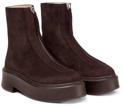 Coutgo Damen-Stiefeletten mit Reißverschluss vorne, bequem, Plateau, flach, klobiger Absatz, runde Zehenpartie, lässiger Winter-Schneestiefel, Schokolade, 37.5 EU