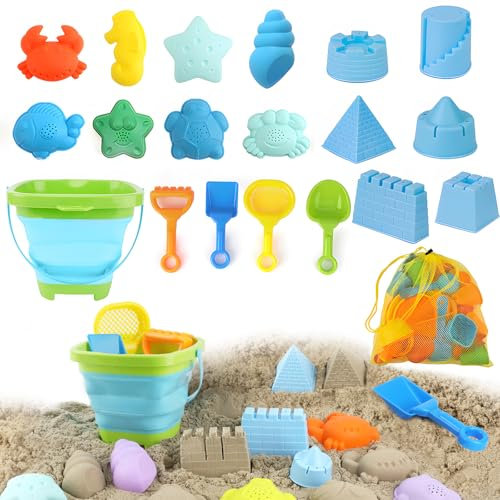 20PCS Beach Toys Set,Bucket and Spade Beach Set Kids With Collapsible Bucket Marine Animal Sand Moulds and Shovels in Mesh Bag, Sand Pit Toys Summer Water Toy for Toddlers Kid Boys Girls Age 2 3 4 5+