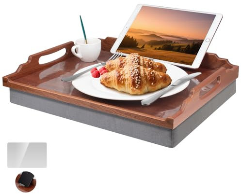 DRELIFAM Bureau avec coussin, plateau de lit en bois pour manger, plateau inclinable, plateau de petit-déjeuner, plateau de repas pour TV, dîner, lit (bois de sapelli)