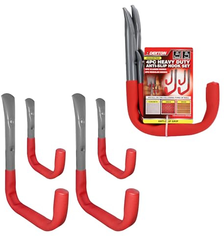 DEKTON 4PC Assorted Wall Hooks - Heavy-Duty Hooks with Max Capacity of 35kg | Ideal for Hanging Tools, Coats, Bags, and More | Durable, Rust-Resistant Metal Construction for Home, Garage, or Office