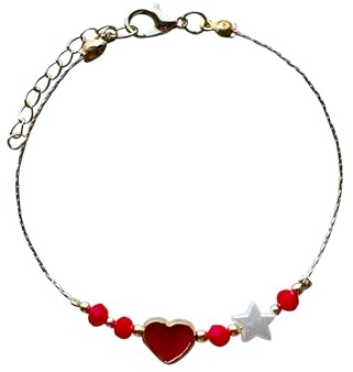 Tatra Jewellery Elegant Gold Plated Handmade Bracelet with Black Heart & White Star Charms (Red)