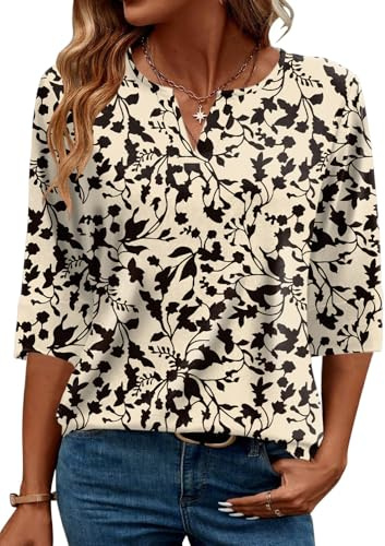 Tisfeer Women's 3/4 Sleeve Tops V Neck Ladies Blouses Dressy Tunic | Elegant Tops Summer Autumn T Shirts Dressy Outfits for Women Going Out Top Comfy Soft Variety of Floral S-2XL