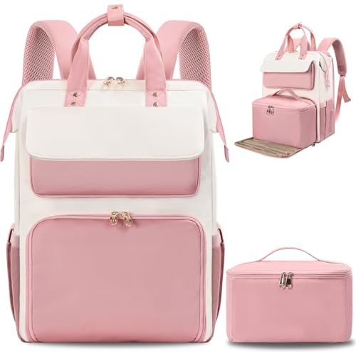 BERTASCHE Lunch Rucksack, Laptop Rucksack Damen 15,6 Zoll mit Isoliertes Kühltasche, 2-in-1-Arbeitsrucksack für Frauen/Arbeit/Business/Reisen/Lehrer/Schule/Uni, Rosa-Beige