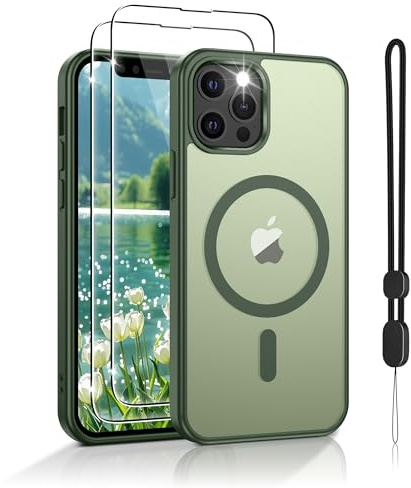 Jshru Magnetic for iPhone 12/12 Pro Case,Compatible with Magsafe,with Lanyard and HD Screen Protectors,[Durable & Sturdy] Slim Translucent Protective Cover,iPhone 12-Sage Green