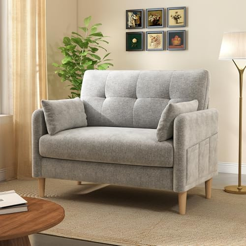 Urhanherry Sofa 2 Sitzer, Couch mit Abnehmbaren Sofabezügen, Modernes Sofa mit Kissen und Seitentasche, geeignet für Büro, Wohnzimmer, Schlafzimmer, Einfache Montage, 120x76.5x95.5 cm, Hellgrau
