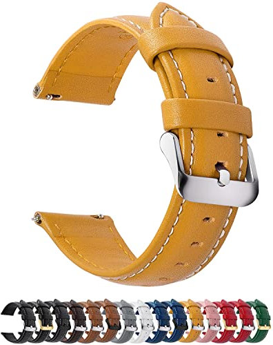 Fullmosa 12 Farben Uhrenarmband, Axus Serie Lederarmband Ersatz-Watch Armband mit Edelstahl Metall Schließe für Herren Damen 22mm Gelb