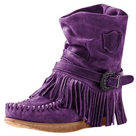 Yowablo Damen Stiefeletten Ankle Boots Fransen Retro-Stil Quaste Kurze Stiefel