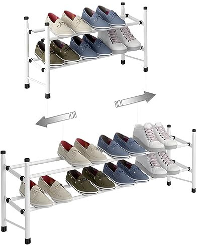 TZAMLI Ausziehbar Schuhregal mit 2 Ebenen zur Aufbewahrung von bis zu 12 Paar Schuhen, Verstellbarer stapelbarer Schuhregal-Stauraum für den Flur, 62~114 x 22 x 35 cm (Weiß, 2 Böden)
