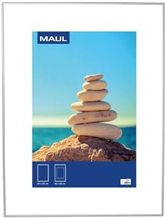 Maul Bilderrahmen MAULdesign 60x80 cm aus Aluminium | zum Hängen in Quer- und Hochformat | edler, schmaler Wechselrahmen mit Passepartouteinleger | ideal für Fotos, Collage und Bilder | Silber