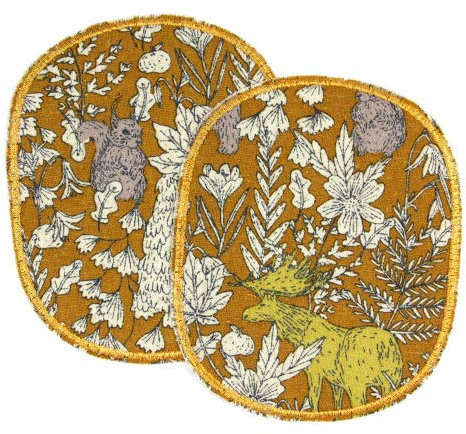 2 Hosenflicken XL natur Pflanzen mit Bär Elch Eichhörnchen auf senf gelb 2 Knieflicken für Kinder große Bügelflicken Tiere 12 x 10 cm