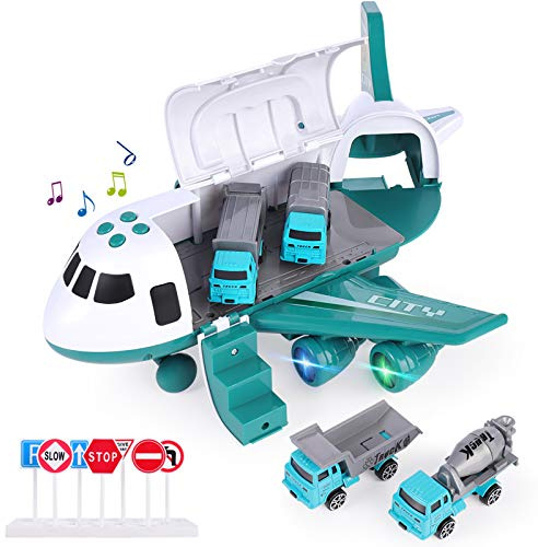 SHANNA Jeu pour VéHicule AéRien,Avion Roue Inertie avec Ensemble Jouets éDucatifs pour VéHicules,1 Grand Avion,4 Voitures Alliage Cadeau pour Enfant Garçon Fille (Véhicule d'assainissement- Vert)