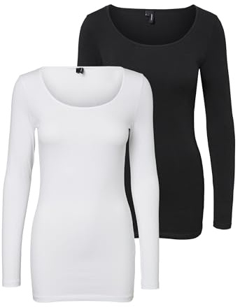 Vero Moda Damen VMMAXI My LS Soft Long U-Neck GA 2 PCK Longsleeve, Bright White/Pack:Black, XS