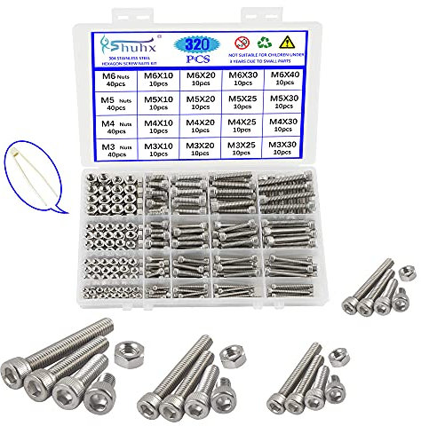 Rshuhx M3 M4 M5 M6 Schrauben Set Zylinderschrauben mit Innensechskant Sechskantschrauben 304 Edelstahl A2-70 Sechskopf-Knopf Schrauben und Muttern Set Maschinenschrauben Gewindeschrauben 320Stück