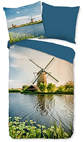 Traumschloss Renforcé Bettwäsche »Windmill«, Windmühle, Wasser, Fluss, blau, 135x200 & 80x80, 100% Baumwolle, atmungsaktiv & weich, mit Reißverschluss bestehend aus Kissen und Bettbezug