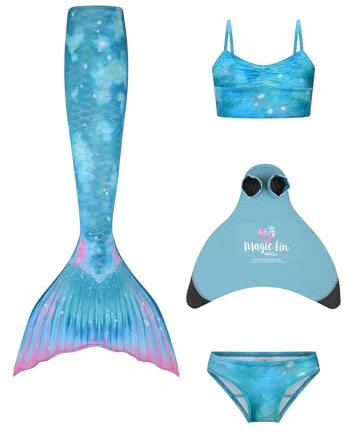 Planet Mermaid Tankini-Top für Mädchen und Kinder, 3-teilig, mit lebhaften Farben, Meerjungfrauenschwanz, verschleißfest, Blau, Monoflosse im Lieferumfang enthalten. Sonnenuntergang-Splash