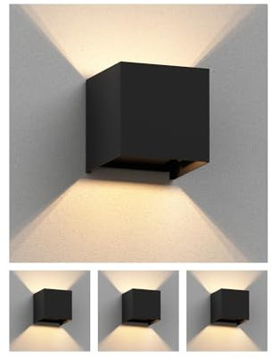 ledscom.de 4 Stück Wandleuchte CUBEL für außen, schwarz, IP65, Up & Downlight, quadratisch + LED Lampe 501lm, warmweiß