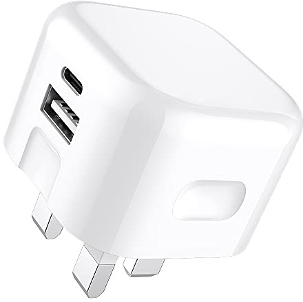 20W Fast Charger Plug For iPhone 17e/17/Air/17 Pro/17 Pro Max/16e/16/16+ | 16 pro/16 pro Max/15/15+/15pro/15proMax/14/14+/SE 2022 USB Charger Plug UK 3 Pin Dual Ports Fast USB Type C Charger (WHITE)