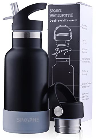 Sivaphe Insulated Bottle 350ml Leak-Proof Stainless Steel Double Walled Vacuum Drink Flasks with Lids and Straw for Sports Outdoor Hiking Camping Black