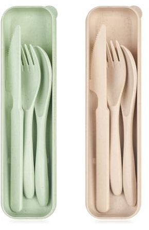 Travel Utensil Set with Case, 2 Sets Plastic Cutlery Sets, Reusable Spoon Chopstick Forks Tableware, Portable Cutlery Travel Picnic Camping or Daily Use (Beige & Green)