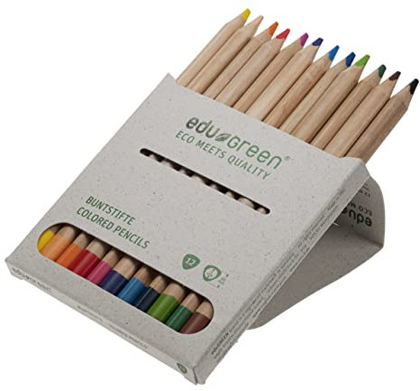eduGREEN® – 12-farbiges Buntstifte-Set mit 5mm Qualitätsmine in Graskarton-Schachtel. Holz aus zertifiziertem Anbau, behandelt mit wasserlöslichem Lack und biologisch abbaubarer Prägefolie