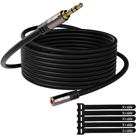 25ft 3.5mm Male to Female Auxiliary Audio Stereo Cable Extension - Gold Plated Connectors, Hi-Fi Sound, Black (with 5 pcs Cable Ties)