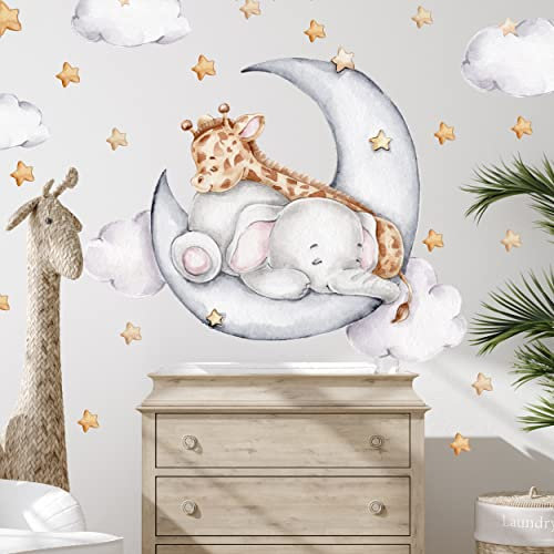 WANDKIND Elefant und Giraffe auf dem Mond Kinderzimmer Wandtattoo V325 | handgezeichnet | AUFKLEBER Kindergarten | Wandsticker Deko mit Sterne (120 x 120 cm)