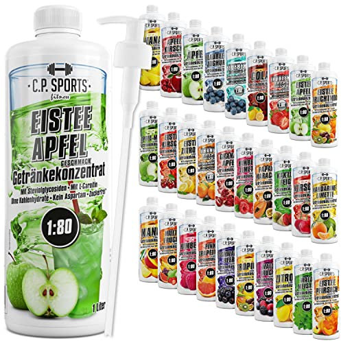 C.P. Sports Getränkesirup für Mineraldrink I Sirup zuckerfrei für Vital-Drink EISTEE-APFEL mit Vitaminen I Getränkekonzentrat zum Mischen mit Wasser für Sport-Getränk I 1 Liter + Pumpspender