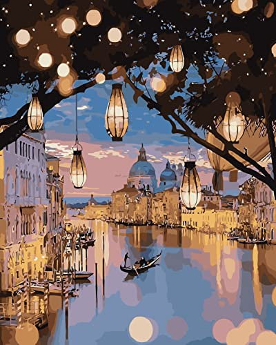 ABEUTY Malen nach Zahlen Nacht Venedig, DIY Ölgemälde auf Leinwand Gemälde 40x50cm Wandkunst (Mit Rahmen, Nacht Venedig)