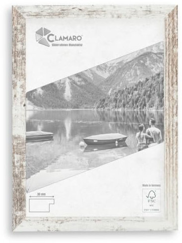 CLAMARO 'Collage' Bilderrahmen 50x70 handgefertigt nach Maß | Vintage Weiss | Moderner eckiger MDF Holzbilderrahmen inkl. Acrylglas, Rückwand und Aufhänger (querformat & Hochformat)
