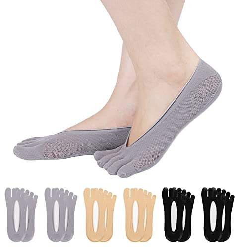 TAGVO 6 Paar Damen Zehensocken Fünf Finger Socken, Orthopädische Kompressionsstrümpfe, Rutschfeste Weiche Atmungsaktive Low Cut Liner Unsichtbare Socken mit Rutschfest Silikon,Ballett Yoga Sportsocken