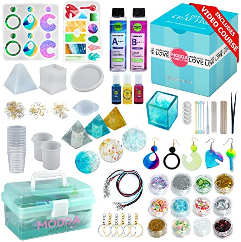MODDA Epoxy Resin Kit with Video Course, Includes Color Pigment, Silicone molds, Necklace Cord, Earring Hooks for Jewelry Making, Epoxy Resin Starter Kit for Beginners, Adults,Complete Craft Set