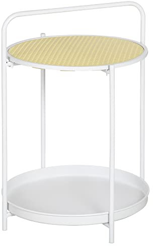 HOMCOM Mesa Auxiliar Mesita de Sofá de Ratán Plástico con Bandeja Extraíble y Asa Portátil Mesita de Noche Redonda con Marco de Acero para Dormitorio Oficina 43,5x42,5x60 cm Blanco